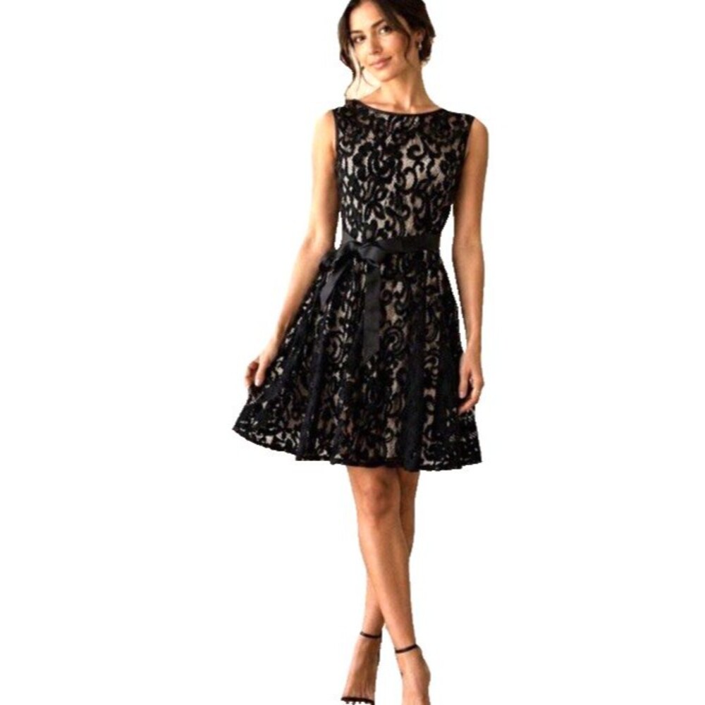 B & A Betsy & Adam Woman's Black Fit &Flare Lace Cocktail Dress Size 12